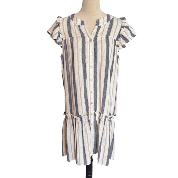 Cynthia Rowley Linen Striped Button Front Ruffle Dress Medium Resortwear Summer - Picture 1 of 12